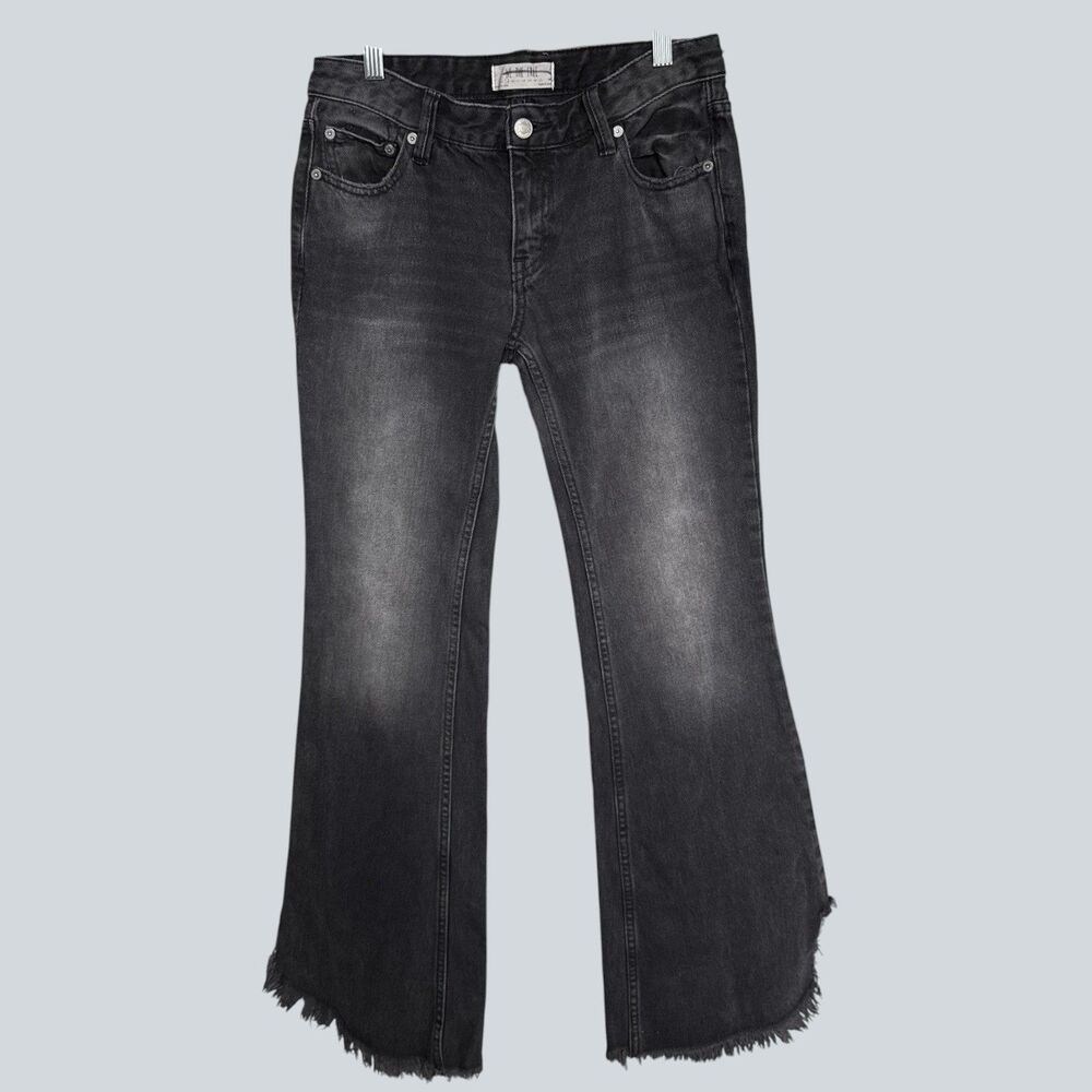 We The Free Free People Dark Gray Flare Jeans Frayed Hem Cotton Denim Size 25